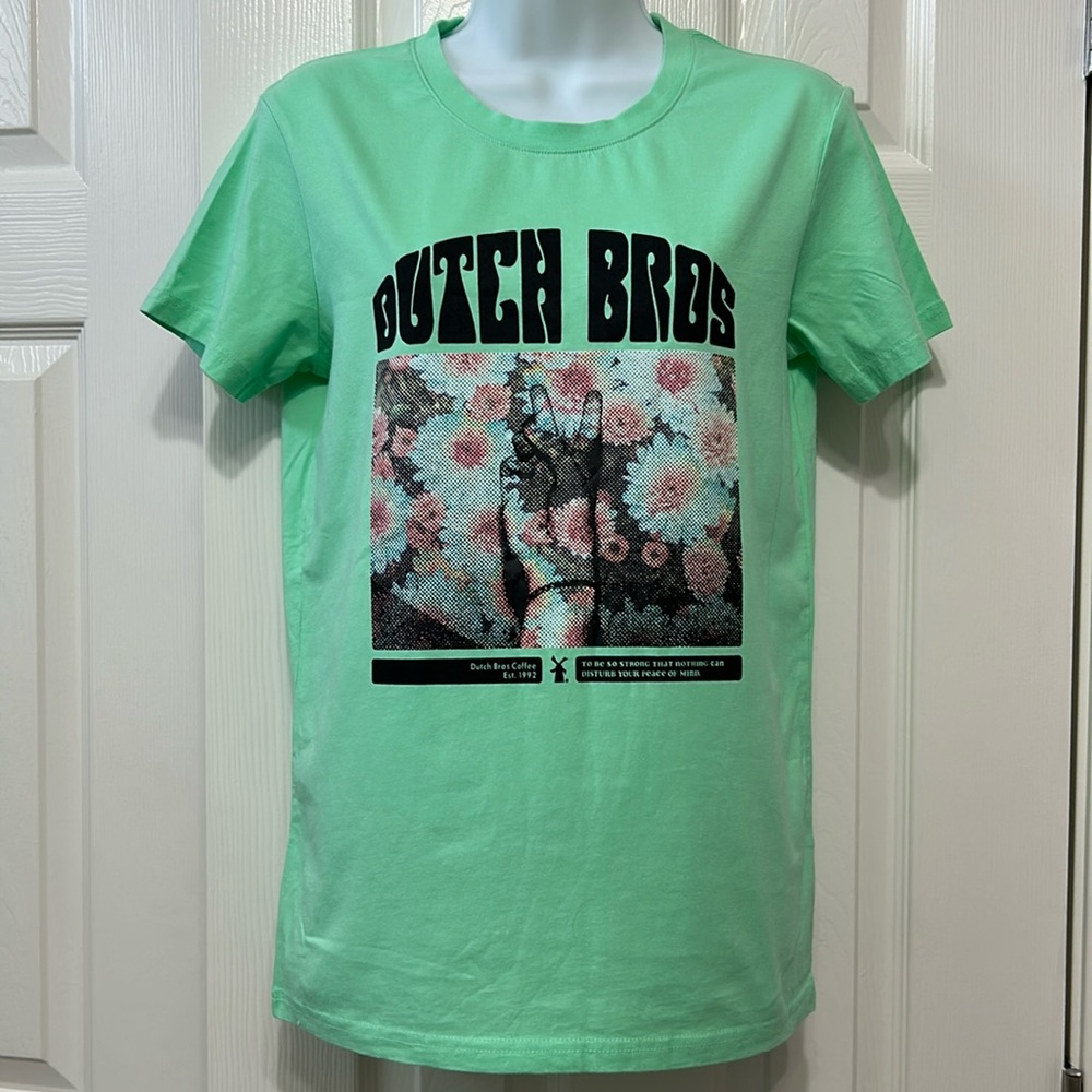 Dutch Bros short sleeve cotton T-shirt,size Small. Floral Peace Top color green